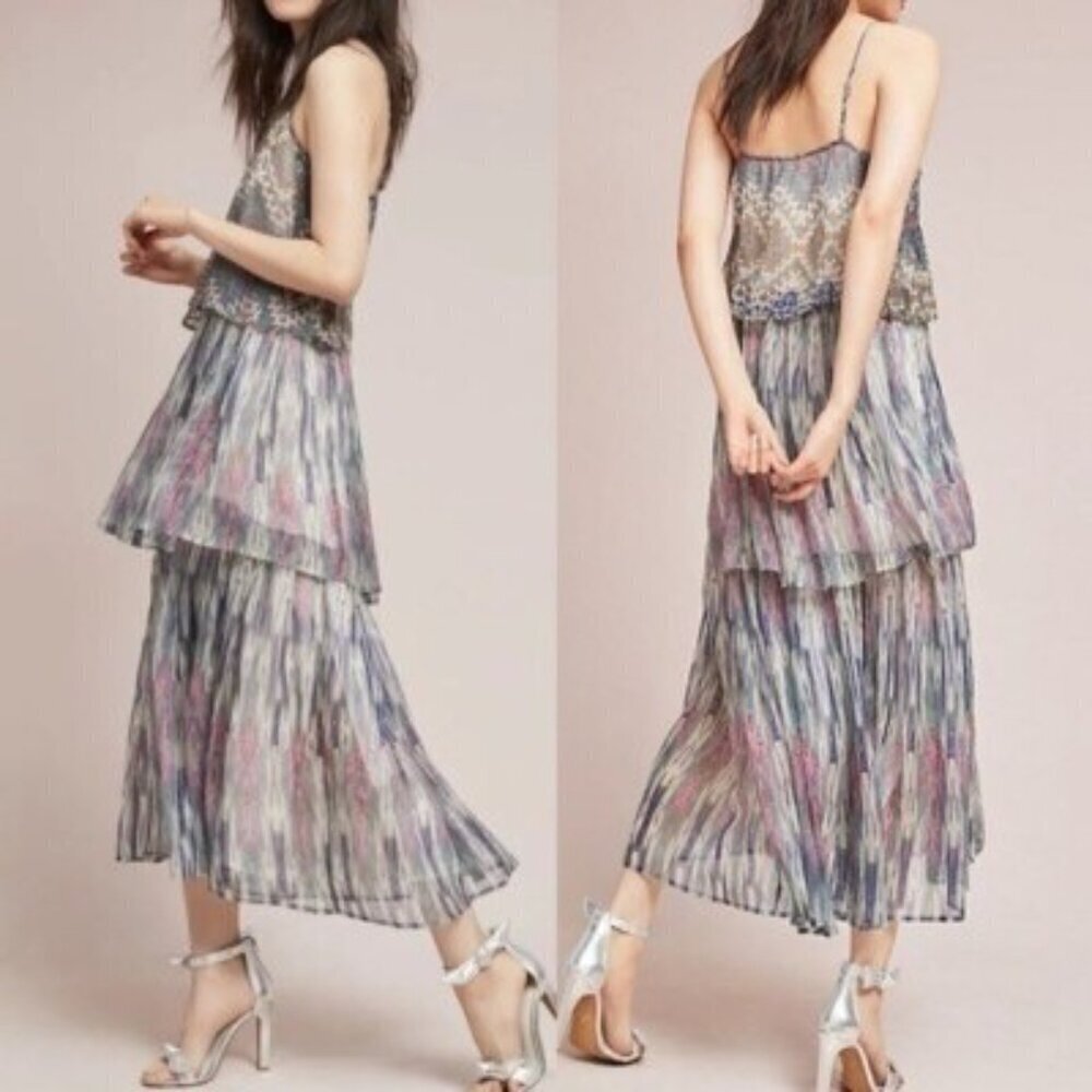 Meadow Rue By Anthropologie Tiered Maxi Dress Multicolor Silver Thread Size 10 - Picture 2 of 9